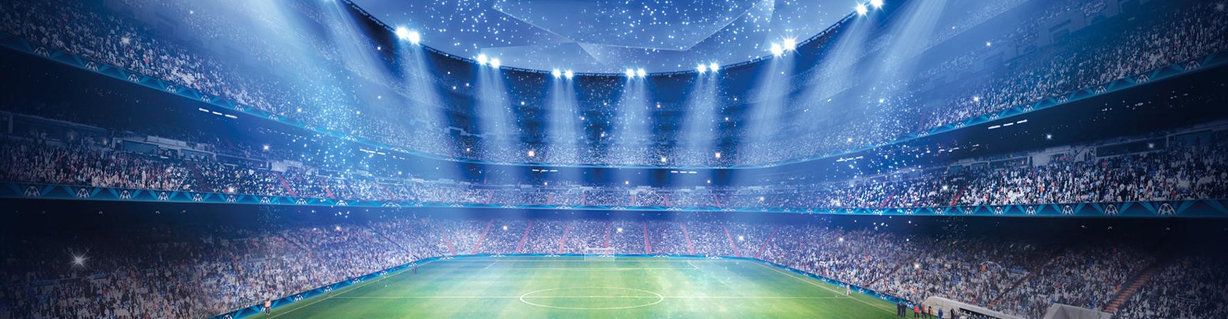 KI generiertes Bild von ein Fußballstadion mit blauen Hintergrund und Flutlicht Leuchten