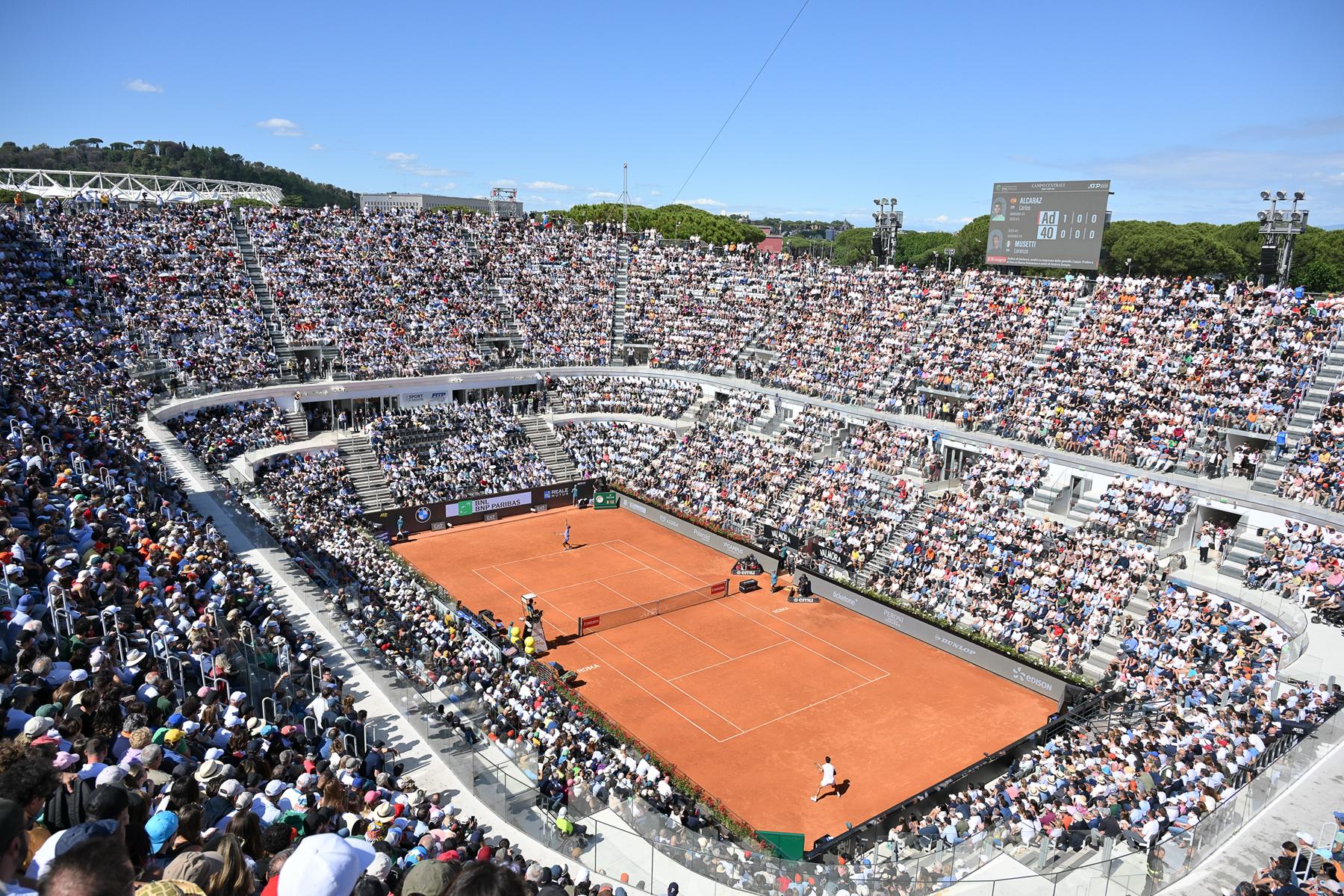 ATP Rome Masters Tennis Tickets – Foro Italico Centre Court Aerial view of the packed Centre Court at the Foro Italico during the ATP Rome Masters